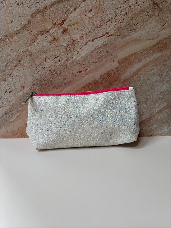 Clinique Handbags - Clinique White Glitter Cosmetic Pouch with Hot Pink Zipper
